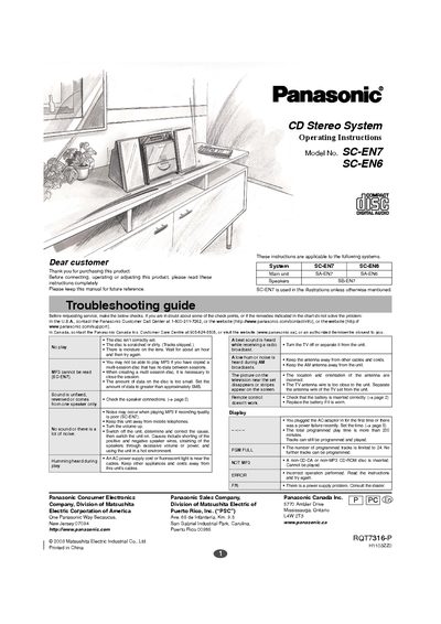 Panasonic SC-EN7/SC-EN6 CD Stereo System Operating Instructions - cover page