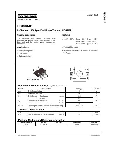 Fairchild Semiconductor FDC604P P-Channel MOSFET Datasheet - cover page