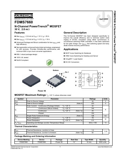 Fairchild Semiconductor FDMS7660 N-Channel PowerTrench MOSFET Datasheet