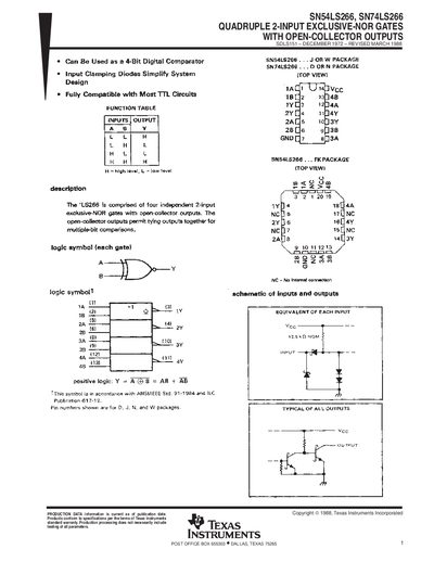 Texas Instruments SN54LS266 / SN74LS266 Quadruple 2-Input Exclusive-NOR Gates Data Sheet - cover page