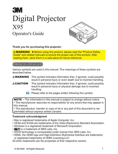 3M X95 Digital Projector Operator's Guide