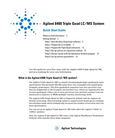 Agilent 6460 Triple Quad LC/MS System Quick Start Guide - cover page
