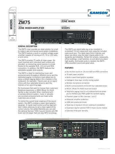 Samson ZM75 Zone Mixer/Amplifier Product Specification Sheet - cover page
