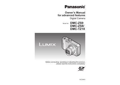 Panasonic DMC-ZS9/DMC-ZS8/DMC-TZ18 Digital Camera Owner's Manual - cover page