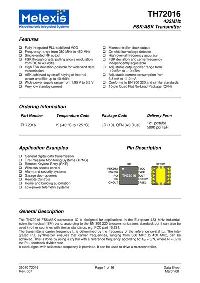 Melexis TH72016 433MHz FSK/ASK Transmitter Datasheet - cover page
