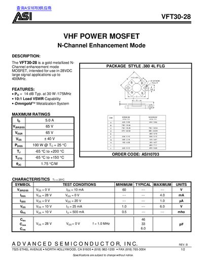 ASI VFT30-28 VHF Power MOSFET Datasheet - cover page