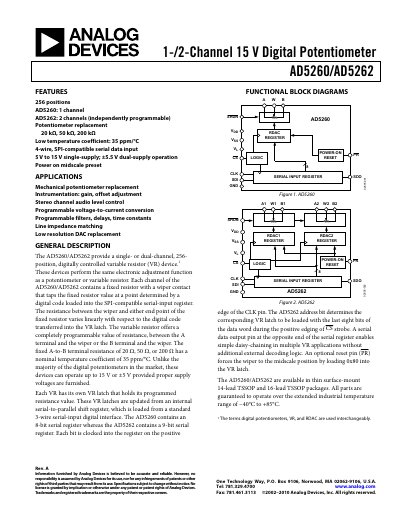 Analog Devices AD5260/AD5262 Digital Potentiometer Datasheet - cover page