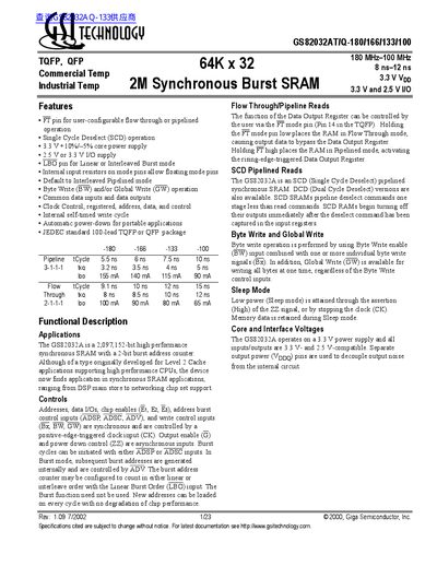 GSI TECHNOLOGY GS82032AT/Q-180/166/133/100 64K x 32 2M Synchronous Burst SRAM