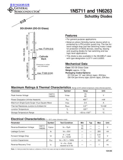 General Semiconductor 1N5711/1N6263 Schottky Diode Datasheet - cover page