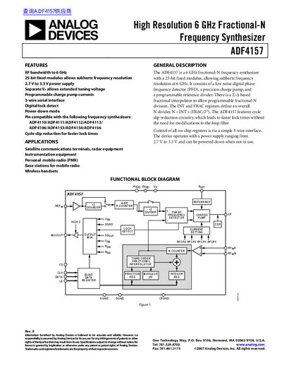 Analog Devices ADF4157 6 GHz Fractional-N Frequency Synthesizer Datasheet - cover page