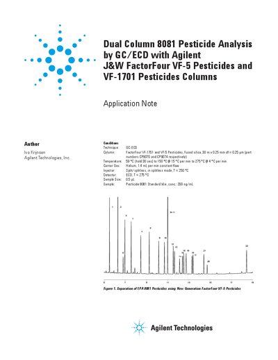 Agilent Dual Column 8081 Pesticide Analysis by GC/ECD with VF-5 Pesticides VF-1701 Pesticide Columns Application Note - cover page
