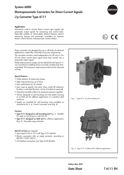 Samson Type 6111 Electropneumatic Converter Datasheet - cover page