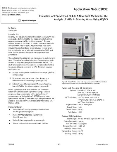 Evaluation of EPA Method 524.3 for VOC Analysis Using GC/MS Application Note - cover page
