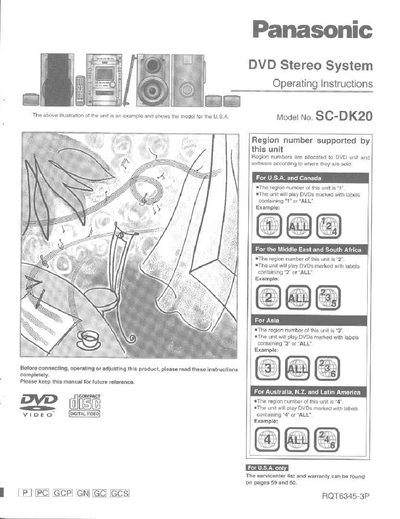 Panasonic SC-DK20 DVD Stereo System Operating Instructions