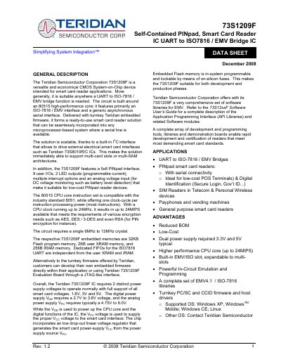 Teridian 73S1209F Smart Card Reader IC Datasheet - cover page