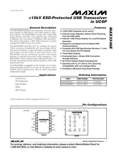 Maxim MAX3346E USB Bidirectional Transceiver Datasheet