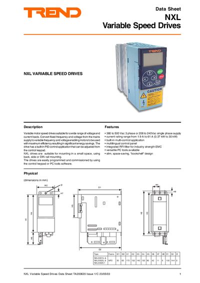 Trend NXL Variable Speed Drives Datasheet - cover page