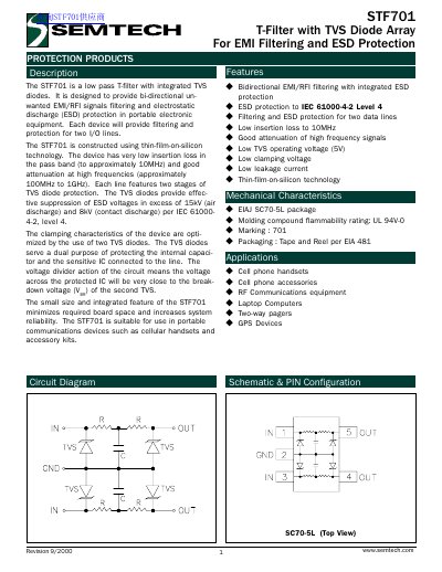 Semtech STF701 T-Filter with TVS Diode Array Datasheet - cover page