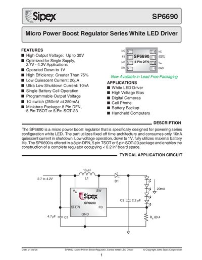 Sipex SP6690 Micro Power Boost Regulator Datasheet - cover page