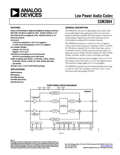 Analog Devices SSM2604 Audio Codec Handbook - cover page