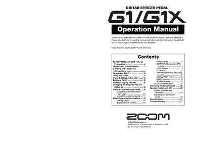 ZOOM G1/G1X Guitar Effects Processor Operation Manual