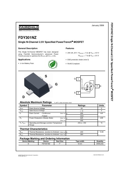 Fairchild FDY301NZ Single N-Channel MOSFET Datasheet - cover page
