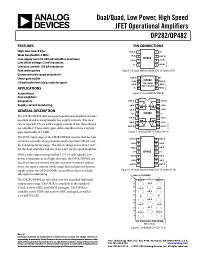 Analog Devices OP282/OP482 Dual/Quad Operational Amplifier Datasheet Rev H - cover page