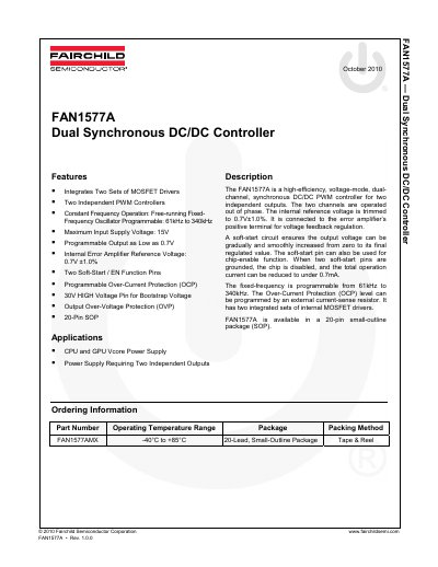 Fairchild FAN1577A Dual Synchronous DC/DC Controller Datasheet - cover page