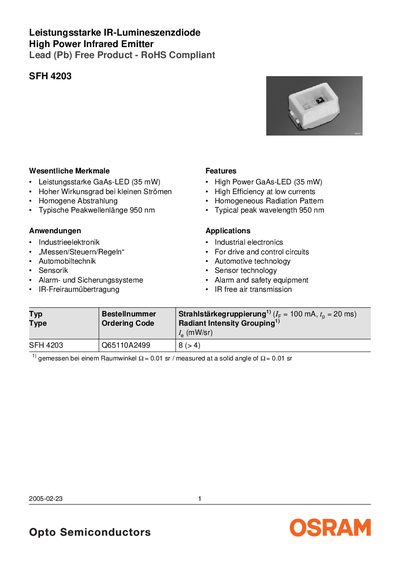 OSRAM SFH 4203 High Power Infrared Emitter Datasheet - cover page