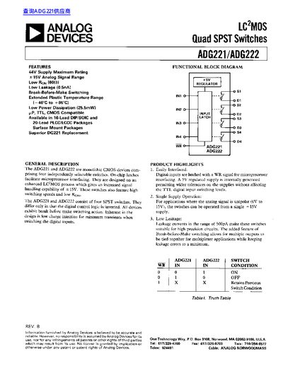 Analog Devices ADG221/ADG222 Quad SPST Switches Datasheet