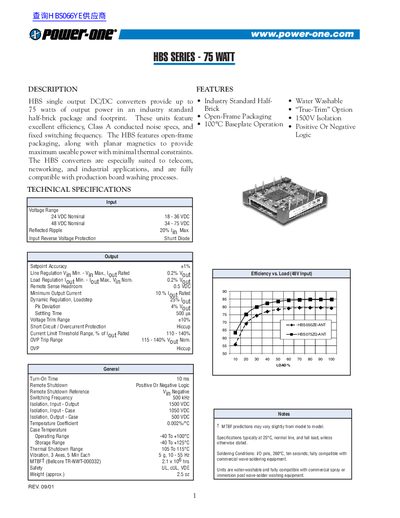 Power-One HBS Series 75 Watt DC/DC Converter Datasheet - cover page