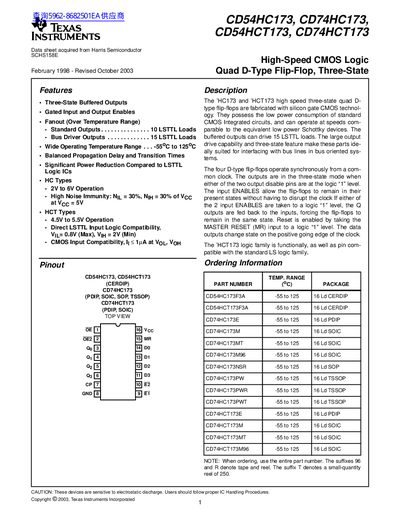 Texas Instruments CD54HC173 / CD74HC173 / CD54HCT173 / CD74HCT173 Datasheet