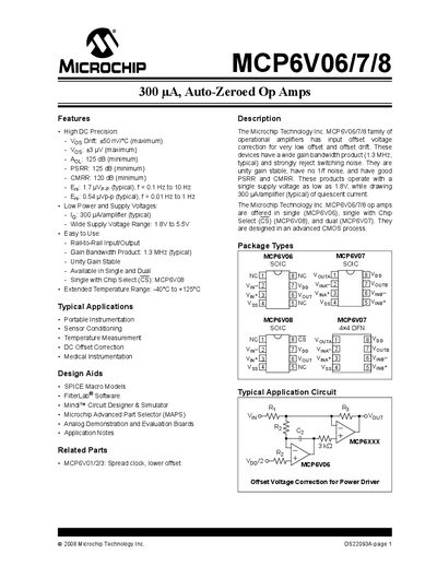 Microchip MCP6V06/7/8 300 pA Auto‑Zeroed Op Amp Datasheet - cover page