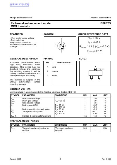 Philips BSH203 MOS Transistor Product Specification - cover page