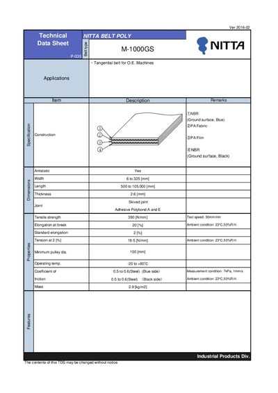 NITTA M-1000GS P-035 Belt Technical Data Sheet