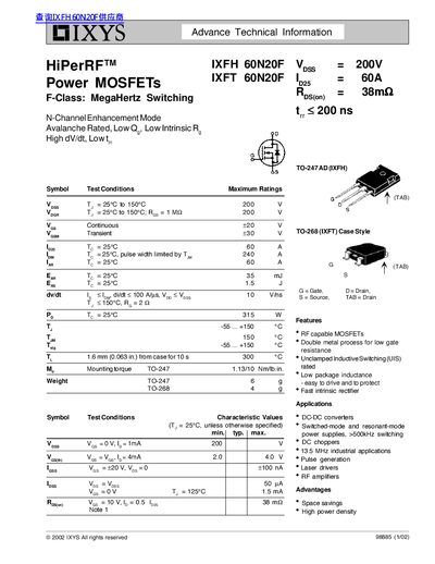 IXYS IXFH/IXFT 60N20F Power MOSFET Datasheet - cover page