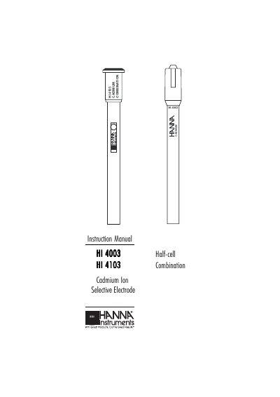 Hanna Instruments HI 4003/HI 4103 Cadmium Ion Selective Electrode Instruction Manual - cover page