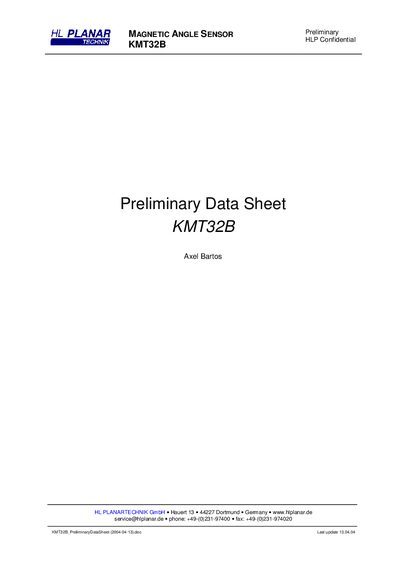 HL Planar KMT32B Magnetic Angle Sensor Preliminary Data Sheet - cover page