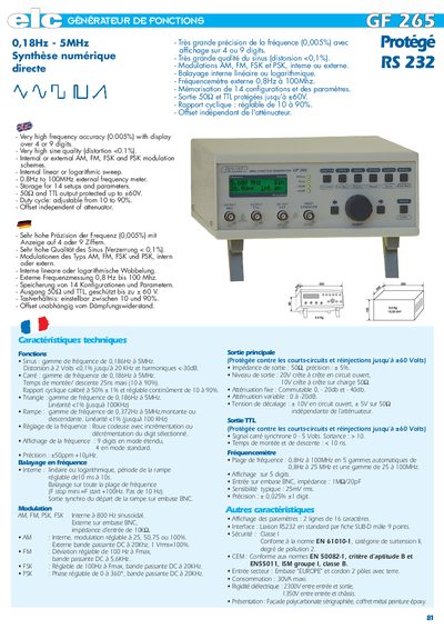 ELC - 81 G&eacute;N&eacute;RATEUR DE FONCTIONS GGFF 226655 Prot&eacute;g&eacute; RS 232 Caract&eacute;ristiques techniques 0 18Hz - 5MHz Manual - cover page