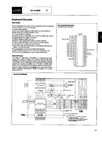 General Instrument AY-5-3600 Keyboard Encoder Datasheet - cover page