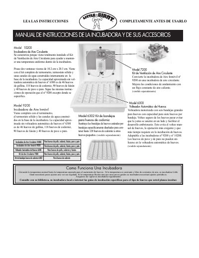 Little Giant Incubator and Accessories Instruction Manual (Models 6300, 7200, 9200, 10200)