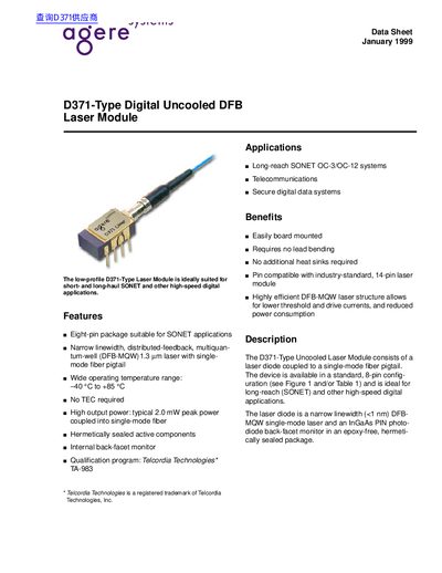 Agere Systems D371-Type Digital Uncooled DFB Laser Module Data Sheet - cover page