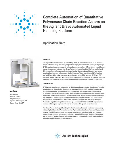 Complete Automation of Quantitative Polymerase Chain Reaction Assays on the Agilent Bravo Automated Liquid Handling Plat - cover page