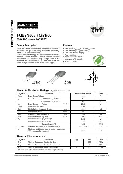Fairchild Semiconductor FQB7N60/FQI7N60 600V N-Channel MOSFET Datasheet - cover page