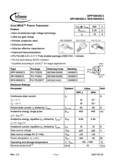 INFINEON SPI16N50C3 SPA16N50C3 Manual - cover page