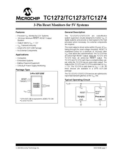 Microchip TC1272/TC1273/TC1274 3-Pin Reset Monitors Datasheet - cover page