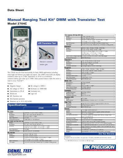 B&K Precision 2704C Digital Multimeter Datasheet
