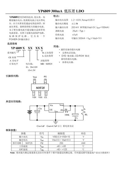 YP6809 300mA Low Differential Pressure LDO Datasheet - cover page