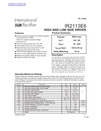 International Rectifier IR2113E6 High and Low Side Driver Datasheet - cover page
