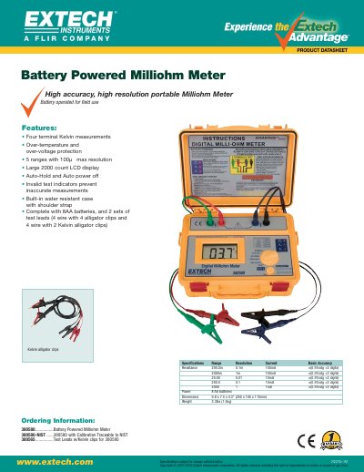 Extech 380580 Battery Powered Milliohm Meter Product Leaflet - cover page